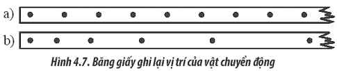 Trong Hình 4.7 có hai băng giấy ghi lại vị trí của vật chuyển động sau những khoảng thời gian bằng nhau