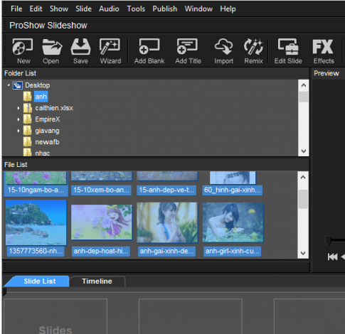 Mở phần mềm Proshow Producer và cho ảnh, nhạc vào để làm video