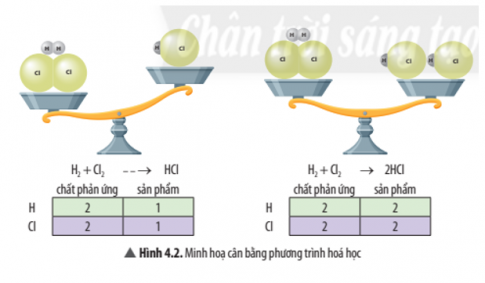 Quan sát Hình 4.2, hãy cho biết phương trình nào đã được cân bằng. Vì sao?