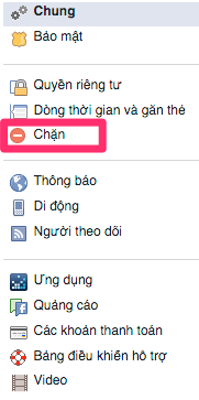 vào thiết lập Chặn facebook