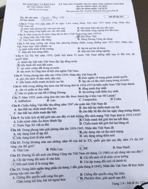 Thi THPQG 2020: Đề thi và đáp án môn Lịch sử mã đề 323