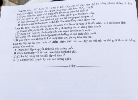 Thi THPQG 2020: Đề thi và đáp án môn Lịch sử mã đề 323