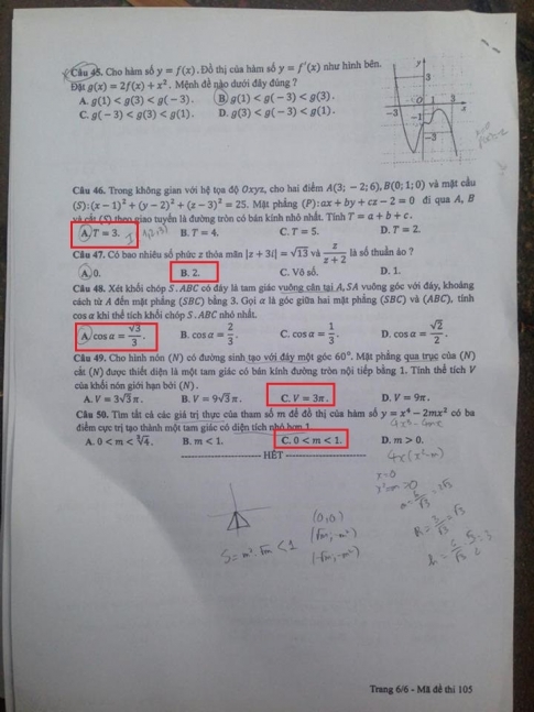 Đáp án môn Toán mã đề 105 kỳ thi THPT quốc gia năm 2017