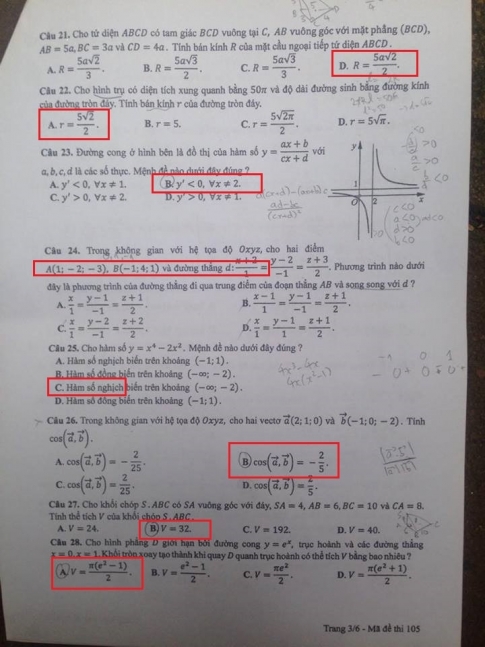Đáp án môn Toán mã đề 105 kỳ thi THPT quốc gia năm 2017