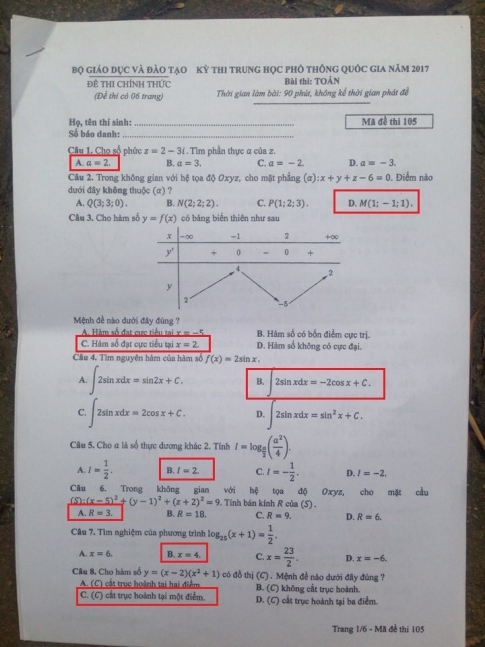 Đáp án môn Toán mã đề 105 kỳ thi THPT quốc gia năm 2017