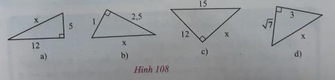 bài 6: Định lý Py-ta-go A. Hoạt động khởi động 1. Đọc kĩ nội dung sau (sgk trang 135) 2. a) Quan sát hình 107 và đọc lời giải sau để tính độ dài cạnh AB: (sgk trang 135) b) Tìm độ dài x trong mỗi trường hợp ở hình 108 và ghi vào vở. Trả lời: b) Các tam giác ở hình 108 đều là tam giác vuông, áp dụng định lý Py-ta-go vào mỗi tam giác để tìm x như sau:  Ở hình 108a: 2^{2} + 5^{2} = x^{2} \Rightarrow  x^{2} = 169 \Rightarrow  x = 13$. Ở hình 108b: ^{2} + 2,5^{2} = x^{2} \Rightarrow  x^{2} = 7,25 \Rightarrow