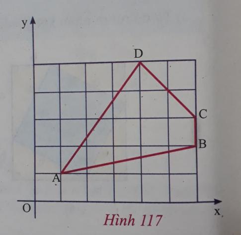 Sử dụng định lí Py-ta-go, ta có:  $AB = \sqrt{10^2 + 2^2} = \sqrt{104}$ (cm);  BC = 2 cm;  $CD = \sqrt{4^2 + 4^2} = \sqrt{32}$ (cm);  $DA = \sqrt{8^2 + 6^2} = 10$ (cm);