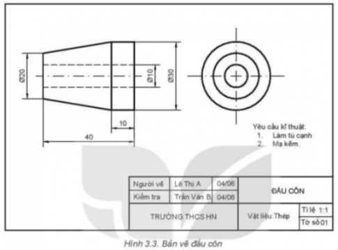 Quan sát Hình 3.3 và cho biết tên gọi của chi biết được biểu diễn trong hình là gì; hãy mô tả hình dạng, kích thước và các yêu cầu kĩ thuật của chi tiết đó