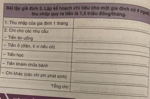 Lập kế hoạch chi tiêu một tháng cho gia đình theo một trong ba mẫu sau sao cho phù hợp với điều kiện sóng của các em