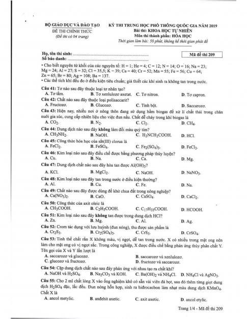 Thi THPTQG 2019: Đề thi và đáp án môn Vật lý mã đề 209