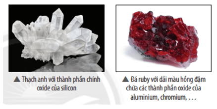  Một số oxide phổ biến tạo nên các khoáng chất như đá granite và thạch anh (oxide của silicon), gỉ sắt (oxide của sắt) và đá vôi (oxide của calcium và carbon). Đá ruby tự nhiên có dải màu từ hồng đậm đến đỏ sẫm do thành phần các oxide của alumium, chromium, … 