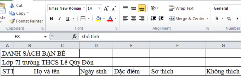 Giải vnen tin 7 bài 4: Căn biên dữ liệu trong bảng tính