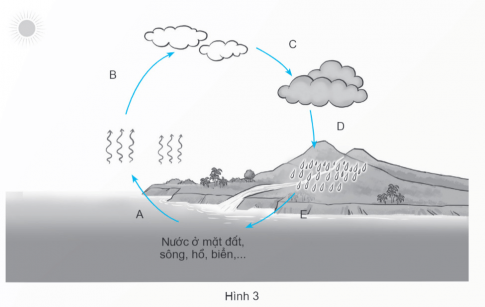 Cho các từ/cụm từ: bay hơi, tiếp tục ngưng tụ, ngưng tụ, trở về, mưa.  a) Sử dụng các từ/cụm từ trên điền vào các ô trống A, B, C, D, E trong hình dưới để hoàn thành sơ đồ “vòng tuần hoàn của nước trong tự nhiên”.