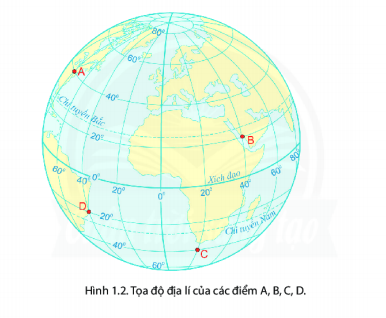 Quan sát hình 1.2, hãy xác định tọa độ địa lí của các điểm A,B,C,D