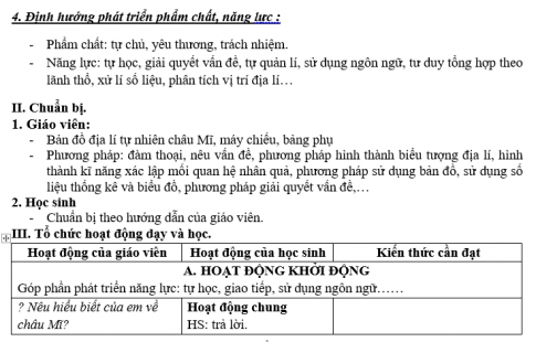 Giáo án VNEN bài Tự nhiên châu Mĩ