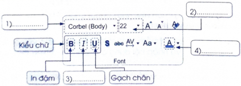 Trong hình minh hoạ của nhóm lệnh Font, thuộc dải lệnh Home em hãy điền tên cho các lệnh định dạng sau đây: