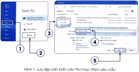 Các số trong Hình 1 thể hiện thứ tự các bước lưu tệp văn bản vào thư mục theo yêu cầu. Hãy ghép các thao tác sau đây cho từng bước này. Kết quả được đưa ra dưới dạng cặp ghép (số thứ tự bước, nhãn của thao tác).