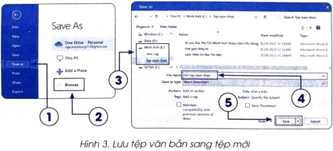 Các số trong Hình 3 thể hiện thứ tự các bước lưu tệp văn bản vào một tệp mới với tên khác. Hãy ghép các thao tác sau đây cho từng bước này. Kết quả được đưa ra dưới dạng cặp ghép (số thứ tự bước, nhãn của thao tác).