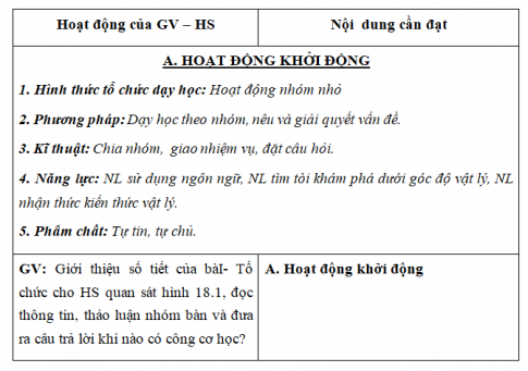 Giáo án VNEN bài Công cơ học - Công suất (T1)