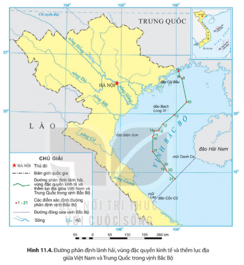 Các mốc đường phân định lãnh hải, vùng đặc quyền kinh tế và thềm lục địa giữa Việt Nam và Trung Quốc trong vịnh Bắc Bộ.