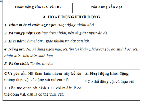 Giáo án VNEN bài Đặc trưng của cơ thể sống (T1)