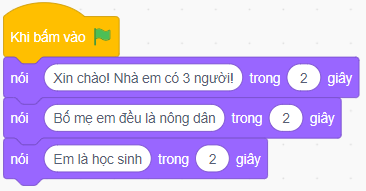 Em hãy tạo chương trình để khi nháy chuột vào Lá cờ, nhân vật Mèo thực hiện: hiển thị ít nhất ba bóng nói giới thiệu về gia đình em. Em hãy chọn ảnh phông nền theo ý thích.