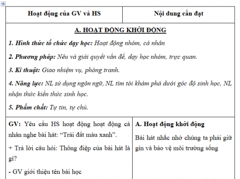 Giáo án VNEN bài Bảo vệ môi trường sống và bảo vệ thiên nhiên hoang dã (T1)