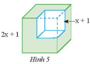 Câu 1: Từ một khối lập phương có cạnh bằng 2x + 1, ta cắt bỏ một khối lập phương có cạnh bằng x + 1 (xem Hình 5). Tính thể tích phần còn lại, viết kết quả dưới dạng đa thức.