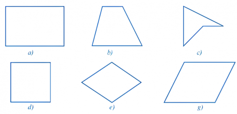 Câu 5. Trong các tứ giác ở hình a, b, c, d, e, g, tứ giác nào không phải là tứ giác lồi? Vì sao?