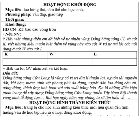 Giáo án VNEN bài Đồng bằng sông Cửu Long