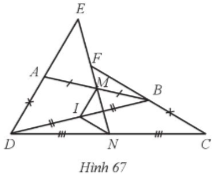 Cho tứ giác ABCD có AD = BC. Đường thẳng đi qua trung điểm M và N lần lượt của các cạnh AB và CD cắt các đường thẳng AD và BC lần lượt tại E và F. Chứng minh: $\widehat{AEM}=\widehat{MFB}$.