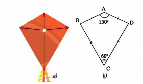  Phần thân của cái diều ở Hình a được vẽ lại như Hình b. Tìm số đo các góc chưa biết trong hình.