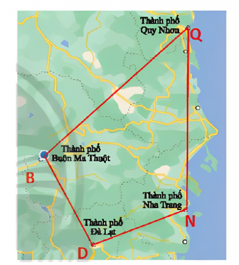 Bài 4. Trên bản đồ, tứ giác BDNQ với các đỉnh là các thành phố Buôn Ma Thuột, Đà Lạt, Nha Trang, Quy Nhơn.  a) Tìm các cạnh kề và cạnh đối của cạnh BD  b) Tìm các đường chéo của tứ giác