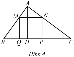 Cho tam giác ABC có cạnh BC = 2x (dm), đường cao AH = x (dm) với x > 0 và hình vuông MNPQ có cạnh MN = y (dm) với y > 0 (Hình 4).