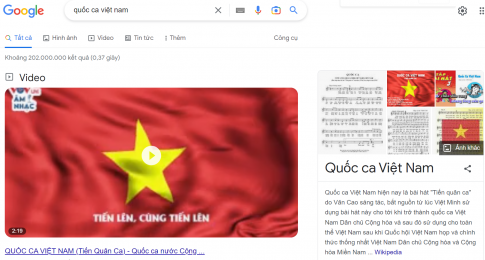 Em hãy sử dụng máy tìm kiếm để tìm kiếm thông tin với từ khóa "Quốc ca Việt Nam"