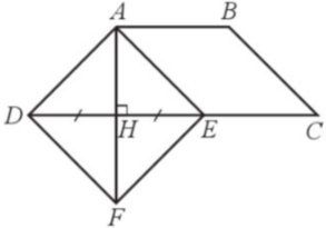 Cho hình thang cân ABCD có AB // CD, $\widehat{D}$ = 45°. Kẻ AH vuông góc với CD tại H. Lấy điểm E thuộc cạnh CD sao cho HE = DH. a) Chứng minh tứ giác ABCE là hình bình hành. b) Đường thẳng qua D và song song với AE cắt AH tại F. Tứ giác ADFE là hình gì? Vì sao? c*) Tìm điều kiện của hình thang cân ABCD để E là trung điểm của BF (bỏ qua giả thiết $\widehat{D}$ = 45°).