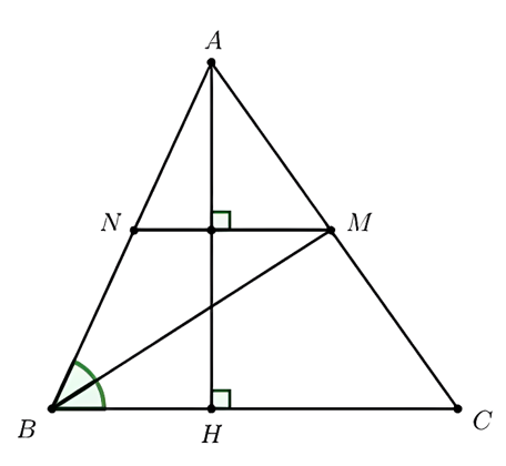 Câu 1. Cho tam giác nhọn ABC có AH là đường cao. Tia phân giác của góc B cắt AC tại M. Từ M kẻ đường thẳng vuông góc với AH cắt AB tại N.  a) Chứng minh rằng tứ giác BCMN là hình thang.  b) Chứng mình rằng BN = MN.