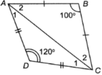 Cho tứ giác ABCD với AB = BC, CD = DA, $\widehat{B}=100^{o};\widehat{D}=120^{o}$ Tính $\widehat{A}$ và $\widehat{C}$