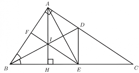 Câu 3: Cho tam giác ABC vuông tại A (AB < AC). Tia phân giác của góc B cắt AC tại D. Trên BC lấy điểm E sao cho BE = BA.  a) Chứng minh rằng: ΔABD=ΔEBD  b) Kẻ đường cao AH của tam giác ABC. Chứng mình rằng tứ giác ADEH là hình thang vuông.  c) Gọi I là giao điểm của AH với BD, đường thẳng EI cắt AB tại F. Chứng minh rằng tứ giác ACEF là hình thang vuông.