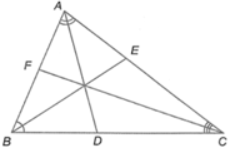 Cho ∆ABC có AD, BE, CF lần lượt là đường phân giác của góc A, góc B, góc C (D ∈ BC, E ∈ AC, F ∈ AB). Chứng minh rằng: $\frac{AE}{EC}.\frac{CD}{DB}.\frac{BF}{FA}=1$