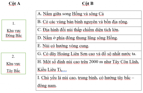 Ghép các ý ở cột A với các ý ở cột B sao cho đúng với đặc điểm địa hình của khu vực Đông Bắc và khu vực Tây Bắc.