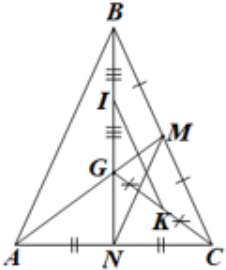 Cho tam giác ABC cân tại B. Hai trung tuyến AM, BN cắt nhau tại G. Gọi I và K lần lượt là trung điểm của GB, GC. Khẳng định nào đúng? A. $MN=\frac{1}{2}AC$ B. $BC=\frac{1}{2}IK$ C. MN > IK. D. MN = IK.