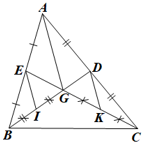 Cho tam giác ABC, các đường trung tuyến BD và CE cắt nhau ở G. Gọi I, K theo thứ tự là trung điểm của GB, GC. Biết AG = 4 cm, độ dài của EI, DK là A. EI = DK = 3 cm. B. El = 3 cm; DK = 2 cm. C. EI = DK = 2 cm. D. EI = 1 cm; DK = 2 cm.