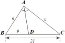 Cho ∆ABC. Tia phân giác góc trong của góc A cắt BC tại D. Cho AB = 6, AC = x, BD = 9, BC = 21. Độ dài x bằng A. 4. B. 6. C. 12. D. 14.