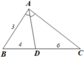 Cho tam giác ABC có AD là tia phân giác của góc BAC. Biết AB = 3 cm, BD = 4 cm, CD = 6 cm. Độ dài AC bằng A. 4 cm. B. 5 cm. C. 6 cm. D. 4,5 cm.