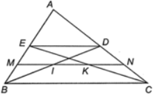 Cho tam giác ABC, các đường trung tuyến BD, CE. Gọi M, N theo thứ tự là trung điểm của BE, CD. Gọi I, K theo thứ tự là giao điểm của MN với BD và CE. Chứng minh MI = IK = KN.