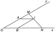 Cho góc xOy nhọn. Trên cạnh Ox lấy điểm N, trên cạnh Oy lấy điểm M. Gọi I là một điểm trên đoạn thẳng MN. Qua I kẻ đường thẳng song song với Ox cắt Oy tại A (A khác M và N) và đường thẳng song song với Oy cắt Ox ở B. Chứng minh rằng: $\frac{MA}{MO}+\frac{NB}{NO}=1$