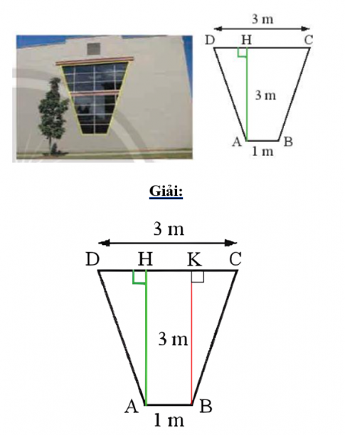 Câu 3. Một khung cửa sổ hình thang cân có chiều cao 3m, hai đáy là 3m và 1m (Hình 9). Tìm độ dài hai cạnh bên và hai đường chéo.