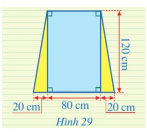  Một ô cửa số có dạng hình chữ nhật với chiêu dài là 120 cm và chiêu rộng là 80 cm. Người ta mở rộng ô cửa số đó bằng cách tăng độ dài cạnh dưới về hai bên, mỗi bên 20 cm (mô tả ở Hình 29). Sau khi mở rộng thì ô cửa số đó có dạng hình gì? Tính diện tích của ô cửa số đó sau khi mở rộng.