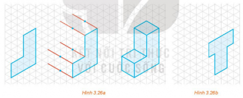 Hình 3.26a thể hiện cách vẽ dạng nổi của chữ cái "L" trên giấy kẻ ô tam giác đều. 